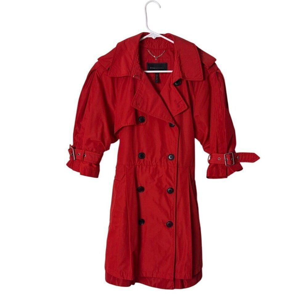 BCBGMAXAZRIA Womens Red Belted Trench Coat Medium Polyester